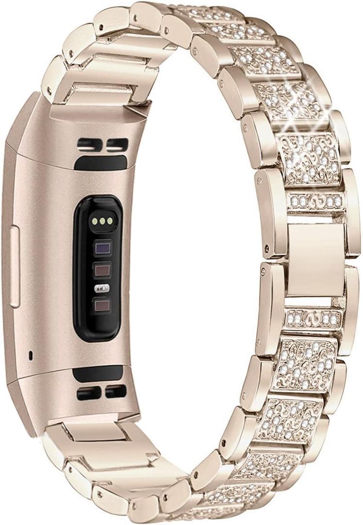 Bling Bands Compatible with Fitbit Charge 6/Charge 5, Dressy Metal Bracelet Luxurious Rhinestone Replacement Wristband for Women, Silver Black Gold