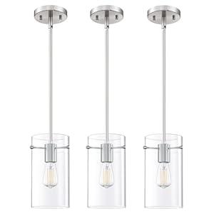 Modern Farmhouse Kitchen Island Hanging Pendant Light Fixture, Clear Glass Chandelier Shade for Over Sink Dining Room Bedside Hallway (5.5" Glass Brushed Nickel Rod, 3 Pack)