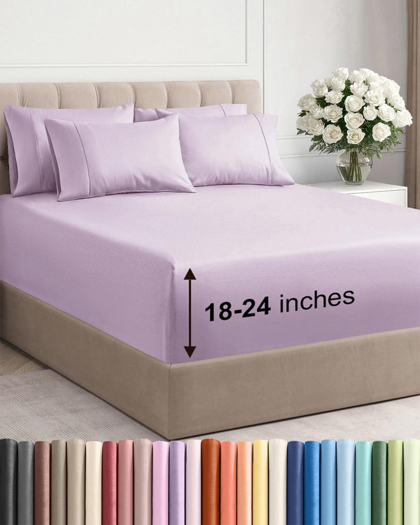 Extra Deep Full Sheet Set - 6 Piece Breathable and Cooling Sheets - Hotel Luxury Bedding for Women, Men, Kids & Teens - Easy & Secure Fit - Soft and Wrinkle Free - Extra Deep Pockets - Light Lavender