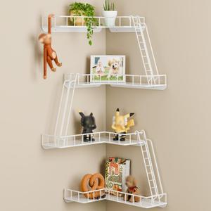 Fire Escape Wall Shelf - Modern City Style 4-Tier Corner Wall Shelves, Easy to Install Metal Ladder Shelf for Figures, New York Decorative Shelves for Bathroom, Living Room & Home Decor,White