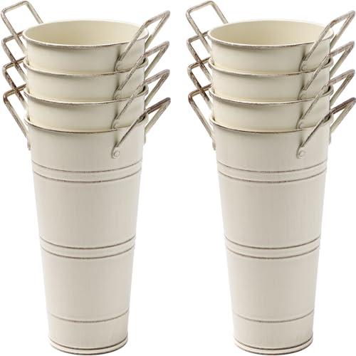 Cptoion 8 Pack Galvanized Metal Vases for Flowers, 9 Inch Flower with Handles, French for Home Decor Table Weddings Centerpiece Decorations, Beige