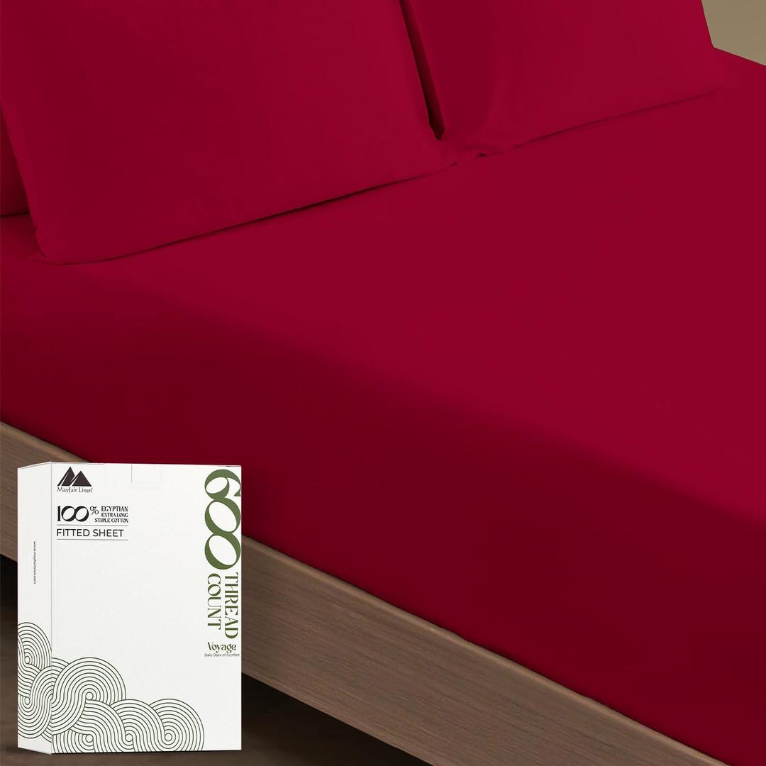 Mayfair Linen 100% Cotton Queen Fitted Sheet Only - 600 Thread Count Cotton Fitted Sheet Queen, Luxuriously Soft, Durable, Cooling 16" Deep Pocket Sateen Weave Bottom, Luxury Hotel Quality - Red