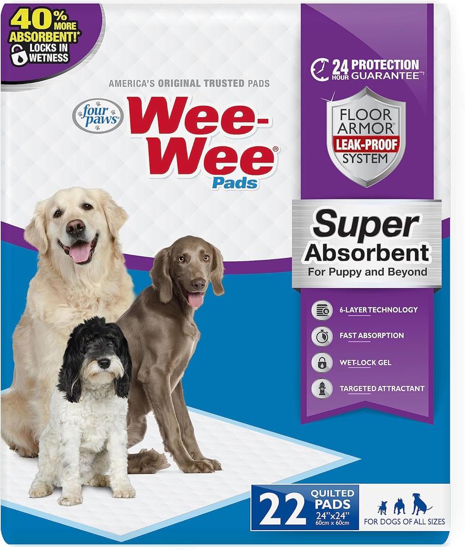 Four Paws Wee-Wee Super Absorbent Unscented Pee Pads for Dogs & Puppies with Insta-Rise Border, Leak-Proof Dog Housebreaking Potty Training Floor Protection, 24" x 24", 40 Count