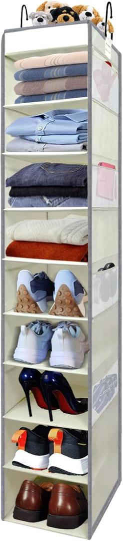Large-Sized Hanging Shoe Organizer 10-Shelf, Sturdy Hanging Closet Organizer with 8 Side Pockets, Wider Hanging Shelves for Storage Shoes Clothes Jeans Shirts Toys, Beige