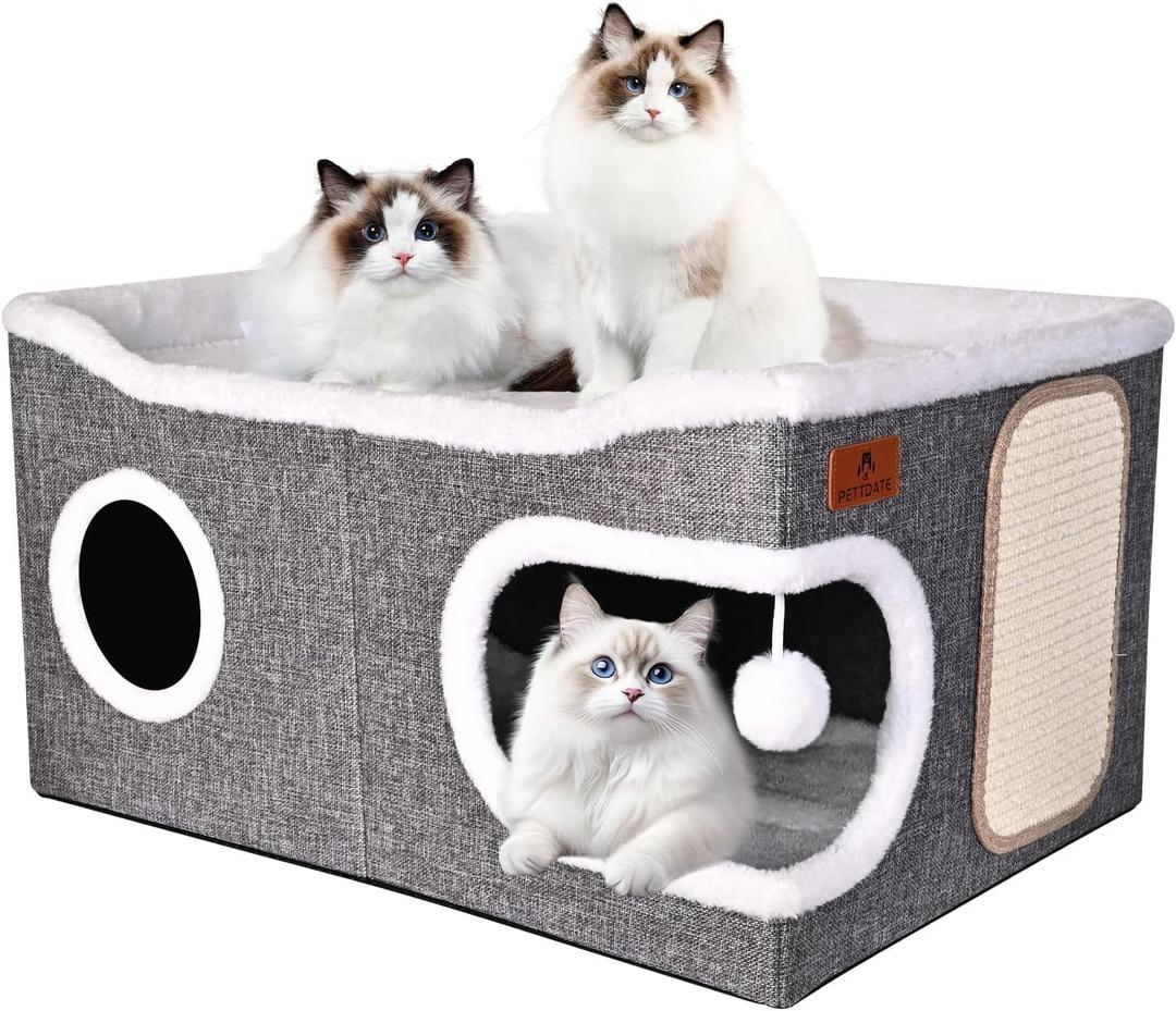 Extra Large Cat Beds for Indoor Cats, Covered Cat Cave Beds & Furniture with Scratch Pad and Fluffy Ball, Foldable Cat Condo Hideaway with Reversible Cushion for Multi Small Pet Large Kittens, Grey, size: 2' x 17"