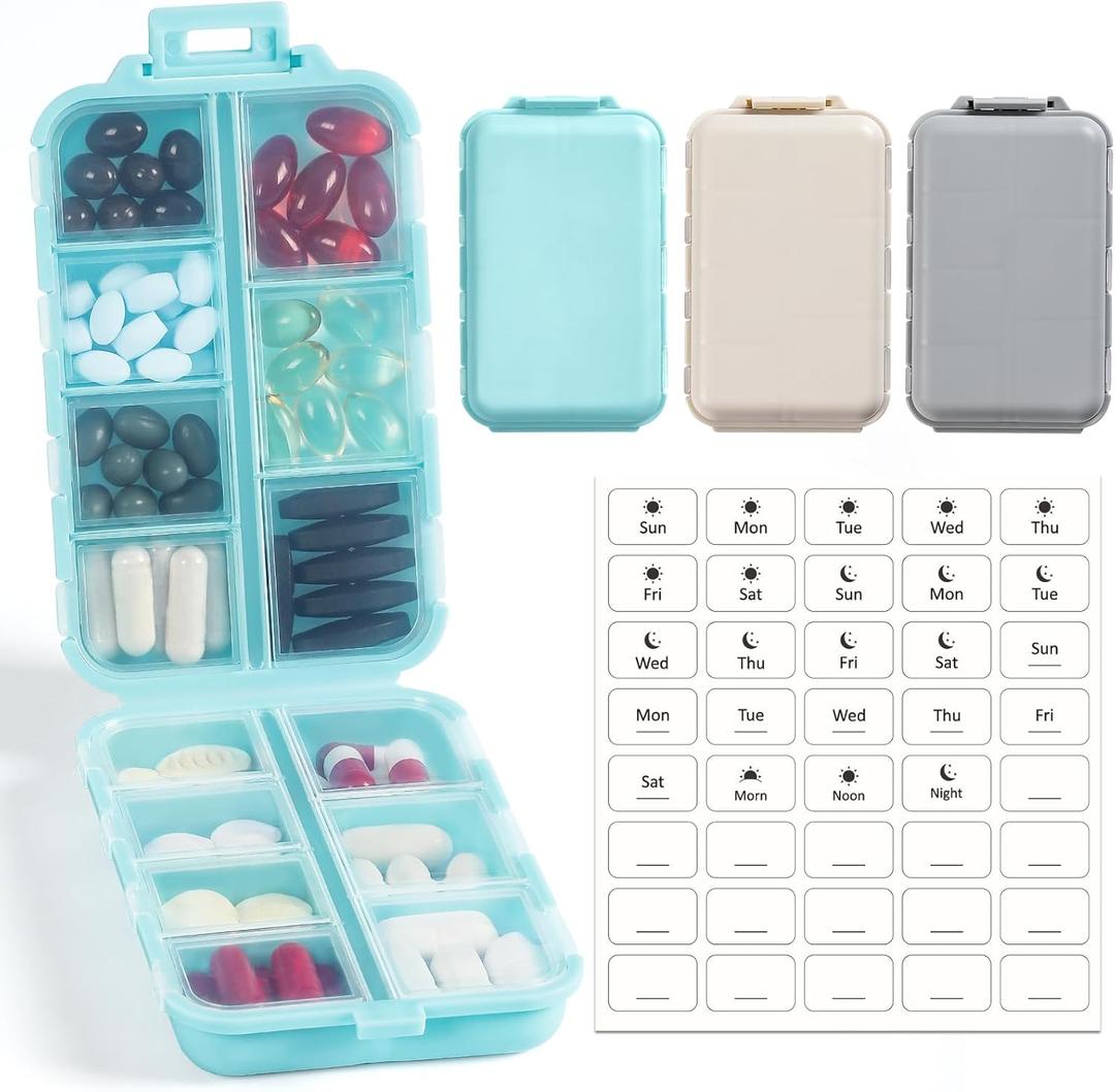 3 Pack, 14 GRIDS Travel Pill Organizer Box with Labels - Travel Medicine Case Kit - Pocket Daily Pharmacy Container - Travel Medication Holder Dispenser for Fish Oil Vitamin Supplement Storage (with White Labels, Khaki+blue+grey)