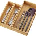 BAMEOS 3-Piece Bamboo Drawer Organizer, Utensil Organizer for Drawer, Junk Drawer Organizer for Kitchen Bathroom, Dressing Room, Office, Pantry (Natural)