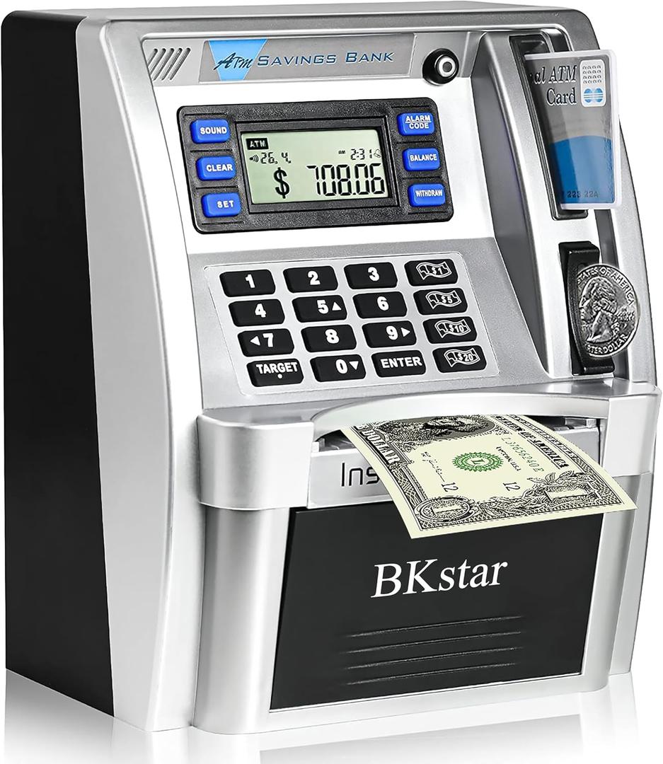 BKstar ATM Piggy Bank for Kids - Talking Electronic Money Bank with Debit Cards & Digital Coin Counter for Real Money, Boys Girls (Black/Silver)