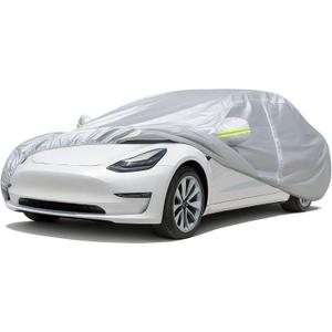 Favoto Car Cover for Tesla Model 3 - Custom Fit Vehicle Cover 6 Layers Waterproof Outdoor All Weather Snow Rain Sun Protection with Charging Port Ventilated Mesh Door Zipper (Silver)