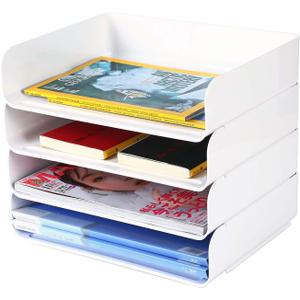 4 Tiers Stackable A4 Paper Trays, Office Desk File Holder, Tidy File Document Letter Book Paper Organizer (White)
