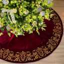 84-Inch Victorian Velvet Christmas Tree Skirt with Gold Damask Embroidery and Plush Lace Ties, Burgundy