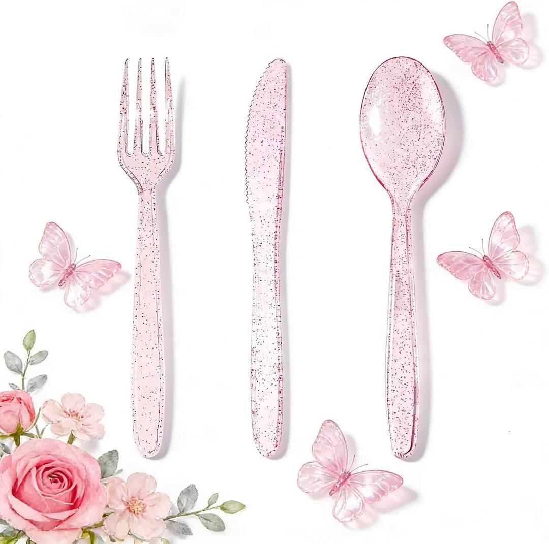 WDF 360 Pink Glitter Plastic Silverware - Disposable Glitter Cutlery - Plastic Silverware inluding 120 Forks, 120 Spoons, 120 Knives for Pink Birthday,Baby Shower,Mother's Day