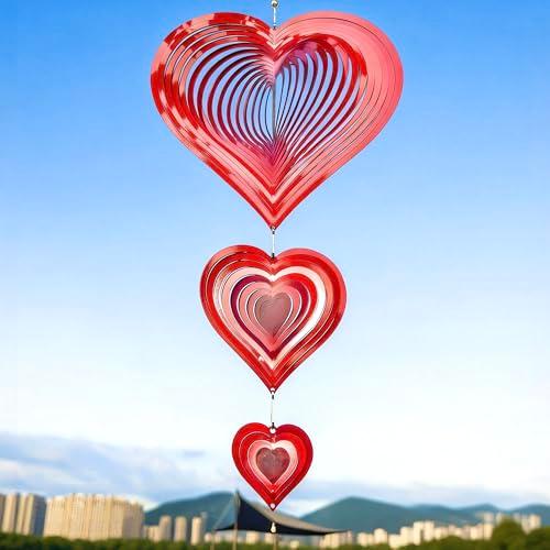 Wind Spinners Outdoor, 3D Red Hearts Hanging Wind Spinners, 14 inches, Kinetic, Stainless-Steel Metal, Smooth Spinning, Indoor and Outdoor Decoration for Garden, Patio, Yard, Gift for Women Mom Wife