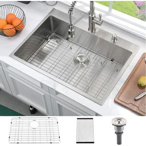 33 Inch Drop In Kitchen Sink-Bokaiya 33x22 Stainless Steel Kitchen Sink Drop In Top Mount 16 Gauge Deep Single Bowl Kitchen Sinks with Dish Grid&Strainer