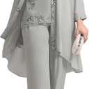 3 Pieces Mother of The Bride Pant Suits - Chiffon Plus Size Wedding Guest Dress Lace Applique Formal Outfit with Jackets Silver Size 14 (Gray)