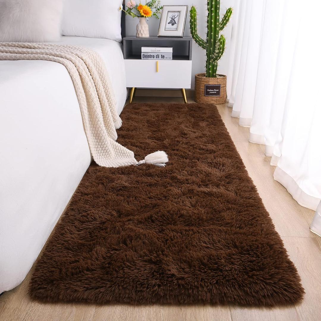 Chicrug Soft Runner Rug for Bedroom Living Room Plush Fluffy Rug 2x10 Feet, Shag Furry Runner Carpet Non Shedding for Nursery Children Kids Girls Room Home Decorative, Coffee