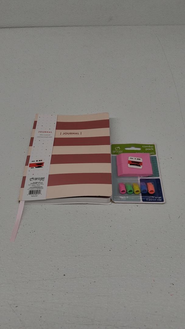 Pack of 2: 1) Top Flight Rose Gold Stripes Journal, 2) Top Flight Pencil Eraser Combo Pack (7 ct)