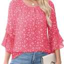 CiCiBird Women Chiffon Floral Blouse 3/4 Ruffle Sleeve Crew Neck Pleated Front Tops Dressy Casual Shirts (XL)