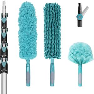 TelesPro 36 Foot High-Reach Duster Kit with 7-30FT Extendable Pole - High Ceiling Duster Cleaning Kit with Telescopic Pole,Cobweb Duster, Chenille Ceiling Fan Duster, Microfiber Feather Duster