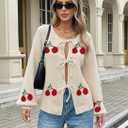 kipfall Womens Bow Tie Front Cardigan Sweaters Long Puff Sleeve Cute Print Jacket Coats 2026 Trendy Fall Winter Outfits (Beige, M)