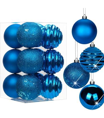 Christmas Baubles Xmas Ball Ornaments with Strings, 80mm/3.1" Blue Shatterproof Plastic Hanging Decorations, Christmas Tree Pendants for Home Party Wedding Holiday