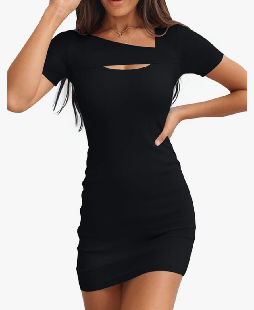 Valiamcep Women's Summer Mini Dress Short Sleeve Square Neck Cut Out Sexy Ribbed Knit Fitted Casual Pencil Bodycon Dresses Size S