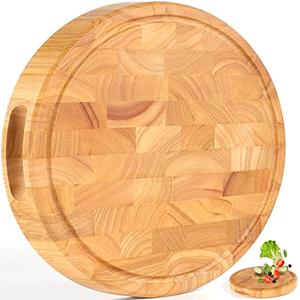 Extra Large & Thick Wood Cutting Board 13 x 13 x1.5 Inch, End Grain Built-In Compartment and Juice Canal, Heavy Duty Chopping Board, Thick Carving Board for Bread Fruits (Round: 13 x 13 x 1.5 inch)