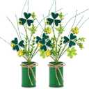 St. Patrick's Day Flower Pot Set Include 2 Pieces Artificial Shamrock Plant Branches with Lucky Clover and 2 Pieces Green Vintage Metal Pot with Burlap Bow for Home Office Table Centerpiece Decor
