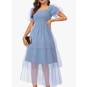 Youtalia Women's Smocked Tulle Midi Dress Tiered Shimmer Square Neck Puffy Sleeve Wedding Evening Party Dresses M