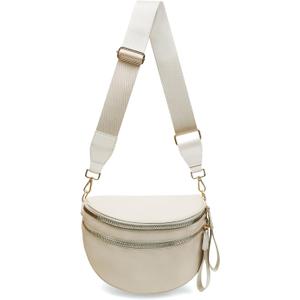 Pure Colour Crossbody Bum Bags for Women Spacious Checkered Cross body Bag Nylon Trendy Fanny Pack for Travel (Beige)