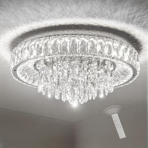 Modern Silver Ceiling Crystal Chandeliers: K9 Crystals Led Light Dimmable with Remote - 20" Round Semi Flush Mount Chandelier Crystal Ceilings Lighting Fixtures for Bedroom Dining Room Living Room