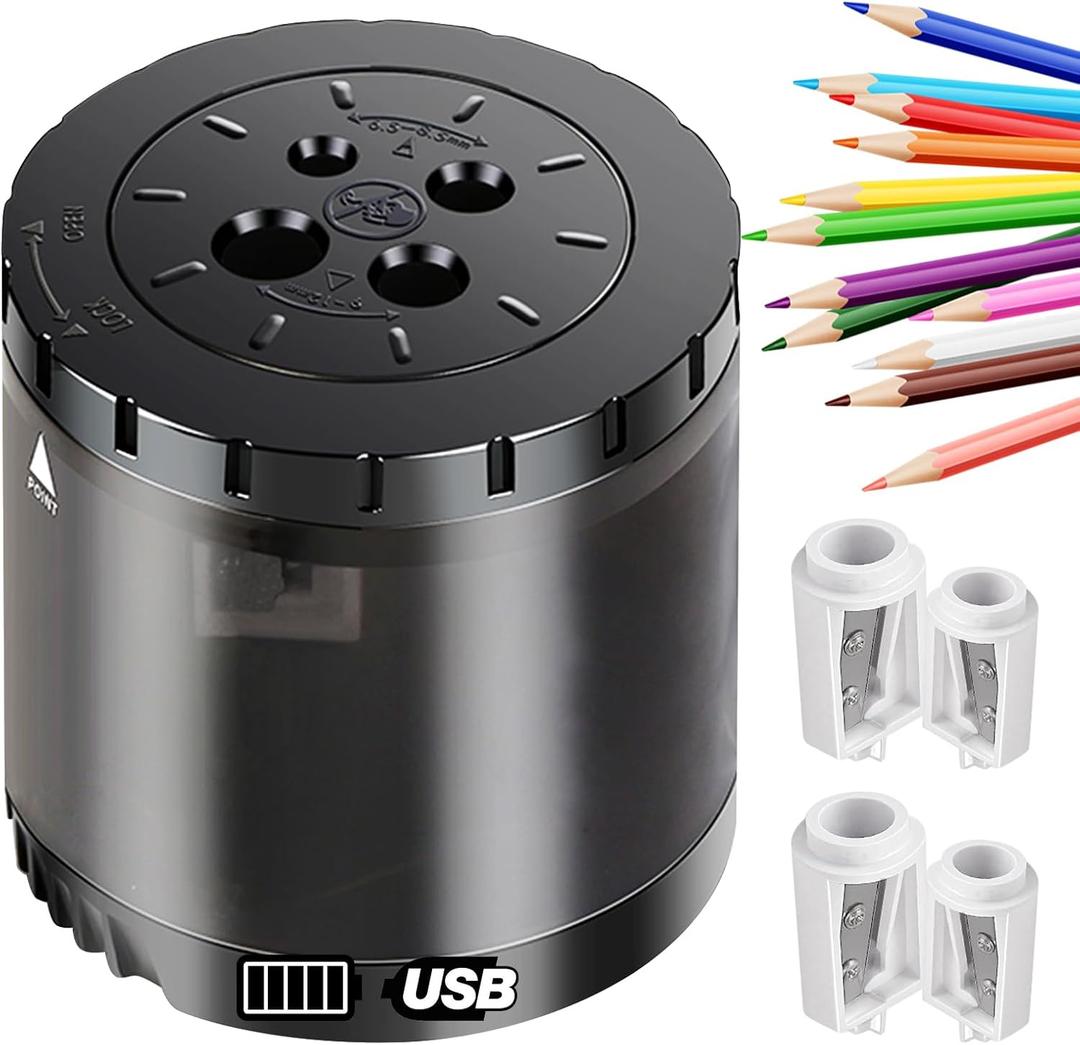 Heavy-Duty Electric Pencil Sharpener USB and Battery Power 4 Replacement Blades 4-Hole Adjustable for 6-12mm Art Pencils Large Capacity Automatic Pencil Sharpeners Black