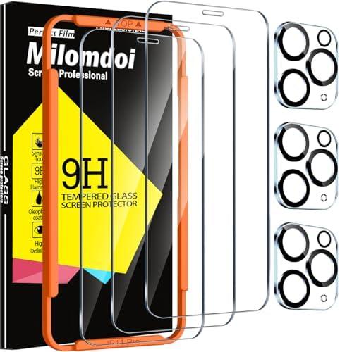 Milomdoi 3 Pack Screen Protector for Apple iPhone 11 Pro with 3 Pack Tempered Glass Camera Lens Protector, Ultra 9H Accessories, Case Friendly, Mounting Frame, 2.5D Curved, Transparent