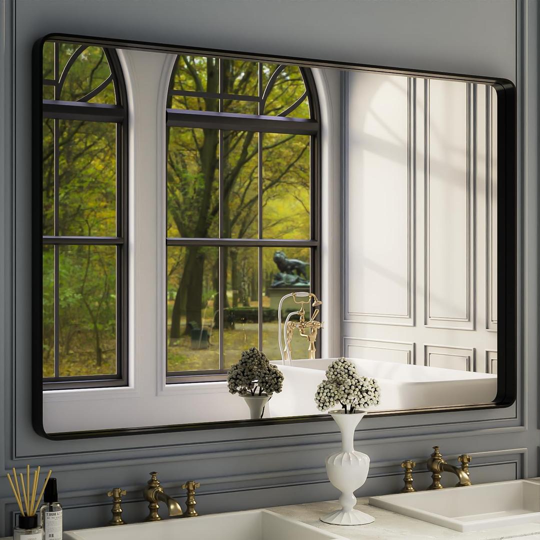 ISKM Black Framed Mirror for Bathroom 60" x 40" Matte Black Bathroom Vanity Mirror Anti-Rust, Tempered Glass, Rounded Rectangle Mirror(Horizontal/Vertical)