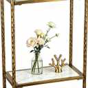 Metal Skinny Side Table with Glass Top & Marble Shelf, Antique Gold Slim End Table with Hammered Frame, Narrow Small Accent Table for Small Spaces, Living Room, Bedroom, 17.5 x 9.1 x 23.6 inches