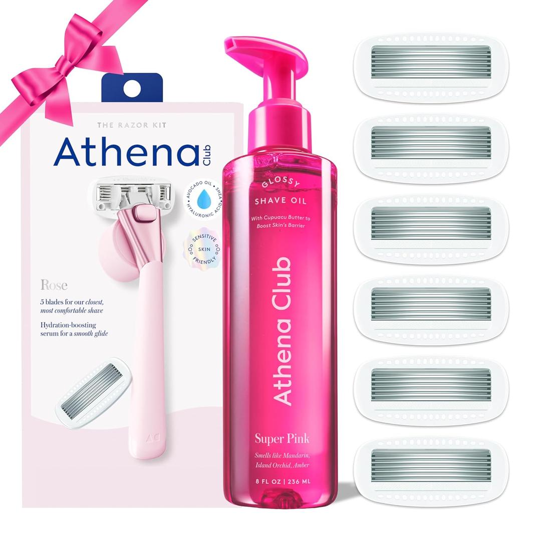 Athena Club Women's Razor Shave Kit, 1 Rose Razor Handle + 6 Blade Refills + Super Pink Glossy Shave Oil