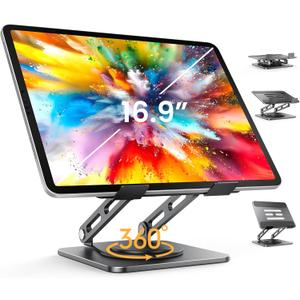 Adjustable Tablet Stand, 360 Rotating iPad Stand with Heavy-Duty Base, Tablet Holder Compatible with 4.0-16.9" Device, 2025 iPad Pro Air Mini, Kindle, Surface Tablet, Portable Monitors - Black