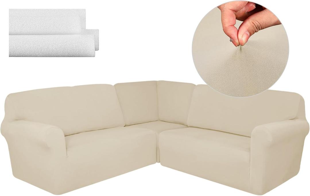 Breling 3 Pcs L Shaped Couch Covers for Sectional Corner Sofa Stretch 5 Seat Washable Corner Sofa Slipcover Sectional Couch Protector for Living Room, Beige