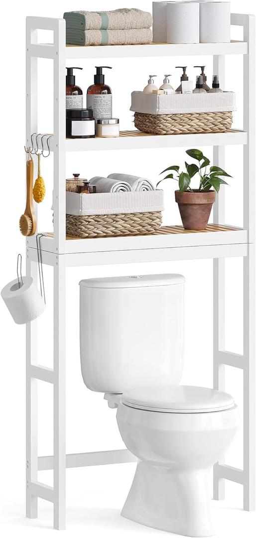 SONGMICS Over The Toilet Storage, 3-Tier Over Toilet Bathroom Organizer with Adjustable Shelf, 10.2 x 24.8 x 66.9 Inches, Space-Saving, Cloud White and Natural Beige UBTS001W02