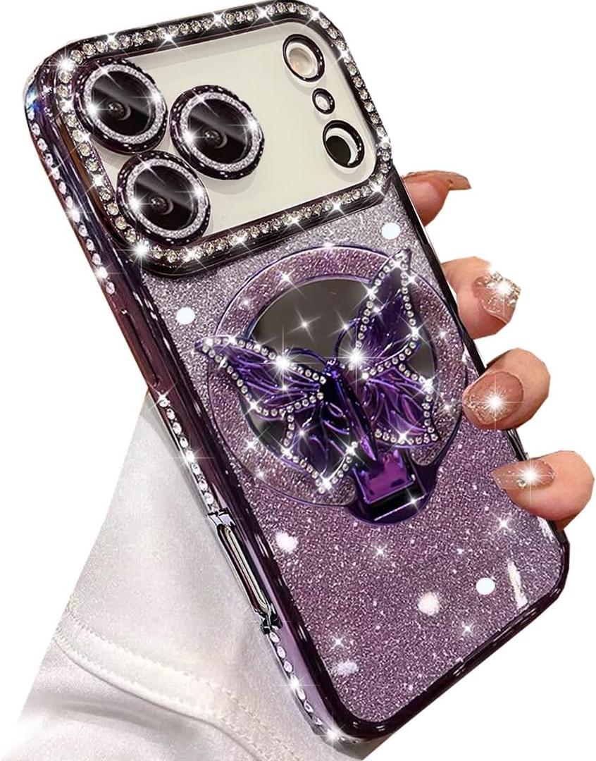 Changjia Magnetic Glitter Case for iPhone 17 Pro,[Compatible with MagSafe] Cute Bling Sparkly Diamond with Camera Protector &Butterfly Kickstand&Makeup Mirror Women Girls Case for iPhone 17 Pro,Purple
