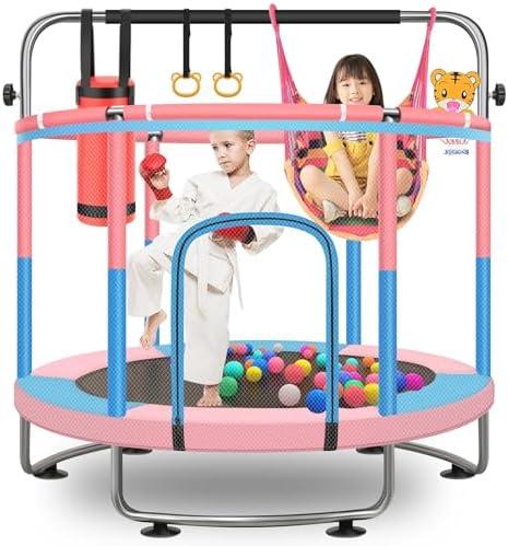 60" Toddler Trampoline for Kids, 5FT Adjustable Trampoline Indoor Outdoor with Enclosure Net, Mini Trampoline for Kids 3-10, 880lbs Capacity, Adjustable Gymnastics Bar, Basketball Hoop, Swing