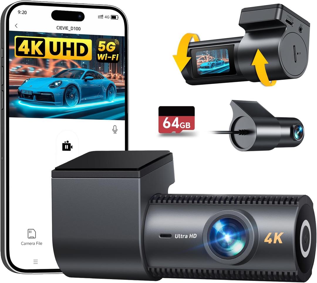 4K Dash Cam Front and Rear, 64GB SD Card, 1.5 IPS Display Car Camera, 5Ghz WiFi+App Control, Night Vision, 24H Parking Mode, G-Sensor, WDR, 170 Wide Angle, 4K+1080P Dual Dash Camera for Cars