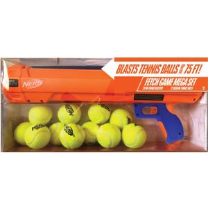 Nerf Dog Tennis Ball Blaster Dog Toy Gift Set, Launches up to 75 ft, for All Breeds Includes Orange Ball Launcher and 12 Dog Tennis Balls