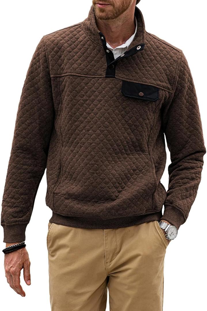 JMIERR Men's Quilted Sweatshirt Casual Long Sleeve Outdoor Stand Collar Button Pullover Sweatshirts (Brown, S)