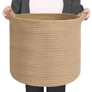 MEGASKET Large Wicker Storage Basket, 16" x 14" Jute Woven Basket with Handle, Living Room Blanket Storage, Big Wicker Laundry Basket, Kids Toy Bin Box Organizer, Decorative Round Baskets for Decor