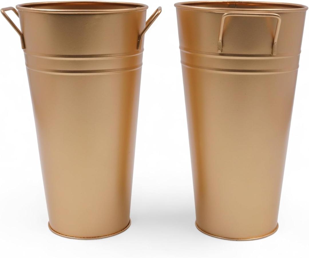 Hosley Set of 2 Gold Bucket/Pot Vase with PVC Liner, 6.25" L x 5" W x 9" H Ideal Gift for Floral Arrangements Wedding Home Office Party DIY Indoor Outdoor Garden Patio
