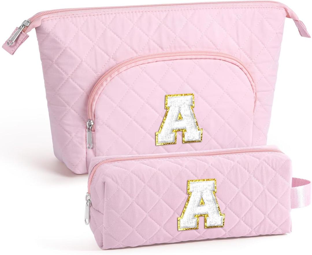2 x YOOLIFE Initial Makeup Bag Cosmetic Bag Toiletry Pouch - Personalized Birthday Gifts for Women Teen Girls Mom Daughter Sister Friends, Pink A
