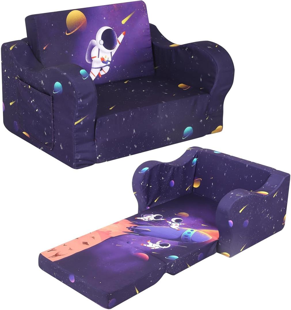 Kids Sofa, 2-in-1 Flip-Out Foam Couch, Foldable Soft Play Lounge Chair, Dark Purple