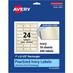 Avery Pearlized Ivory Rectangle Labels, Sure Feed Technology, 1" x 2.5", 240 Pearlized Ivory Labels, Laser/Inkjet Printable