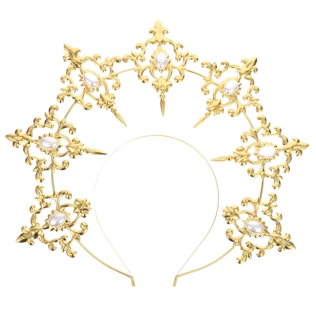 Uonlytech Angel Bridal Gold Halo Headband, Angel Halo Headband Crown Retro Goddess Halo Hair Band Wedding Headpiece for Women Girls Bridal